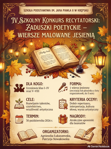 IV SZKOLNY KONKURS RECYTATORSKI „ZADUSZKI POETYCKIE – WIERSZE MALOWANE JESIENIĄ”